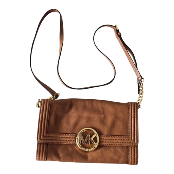 Michael Kors Handbags - Michael Kors Women Fulton Brown Leather Crossbody Bag Gold Chain Strap Dustbag